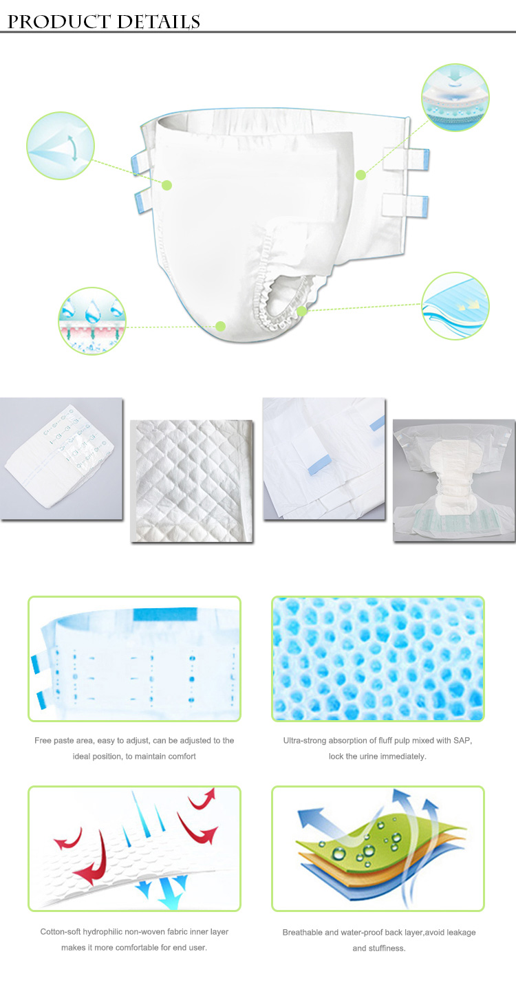 Non Woven Fabric Top Sheet SAP Adult Diaper for Elderly Biodegradable and Super Thick