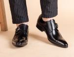 Round Toe Black Derby Mens Leather Dress Shoes With Buckle Banquet Oxford