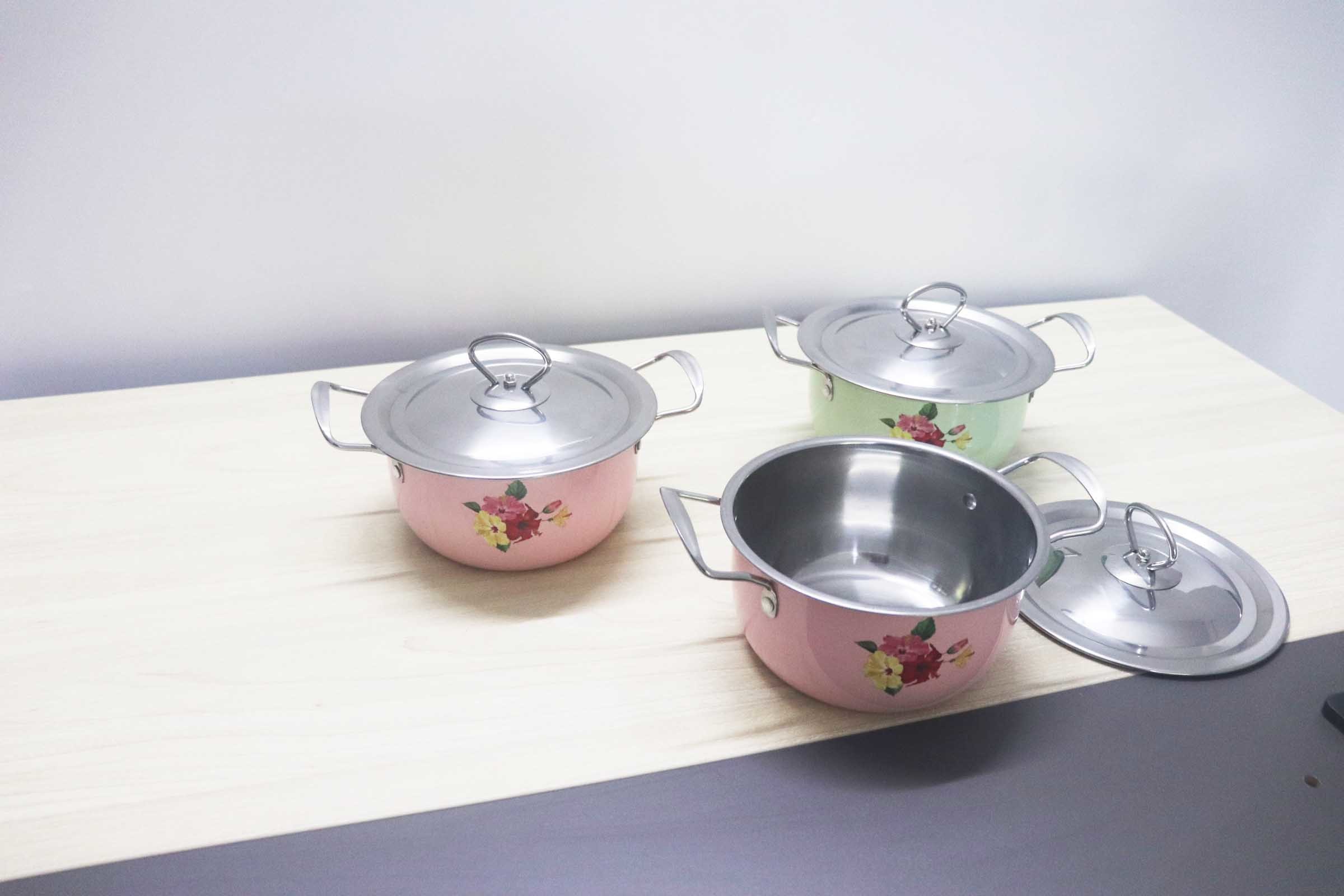 2020 hot sales 16/18/20/22 6pcs stainless steel with color & flowers & cookware sets kitchenwares & 6pcs dish set