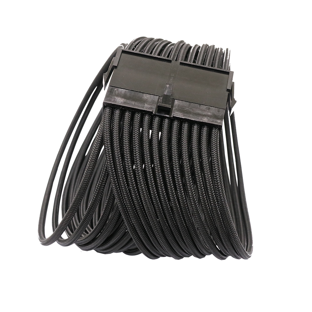 Power Supply Cable Extension Braided Sleeved 24pin Arc Black+Blue+Grey computer power cord 300mm Psu extension
