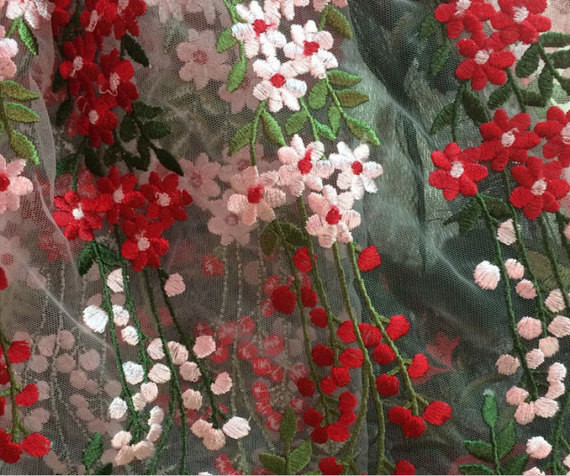 Romantic 3D Flower Embroidered Tulle Lace Fabric , Embroidered Net Fabric Cloth