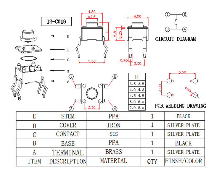 Through Hole Terminal Silent Tactile Switch / SMD Momentary Switch DIP Terminal