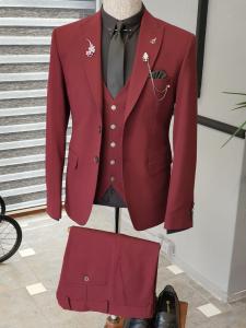 Wholesale 46 48 50 52 54 56 Custom Tuxedo Suit Maroon 3 Piece Tuxedo Slim Fit Stretch Suit Vest Claret Red from china suppliers