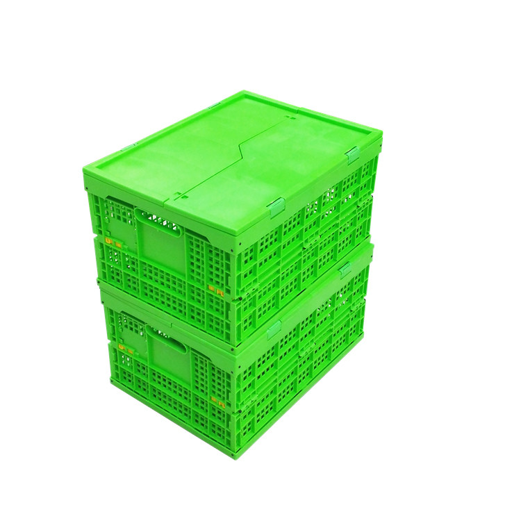 Customized Green PP Plastic Folding Crate Mesh Body + Solid Bottom