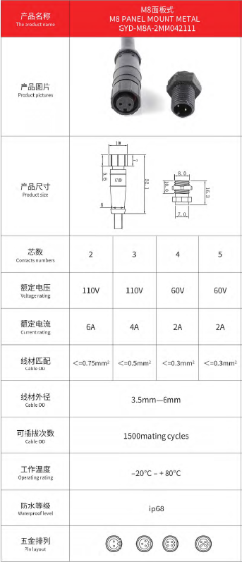 Gold Plated 5 Pin IP68 M8 Waterproof solar Panel Mount power Connector