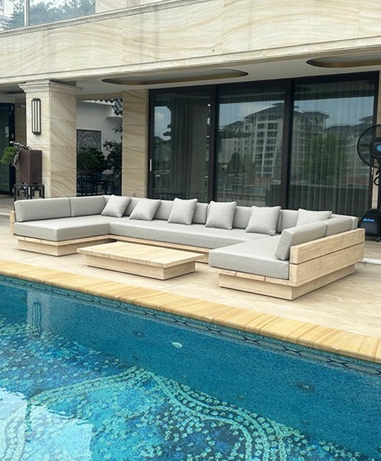 Solid Teak Wood Garden Sofa Set Outdoor Modular Lounge With High Rebound Sponge Cushion