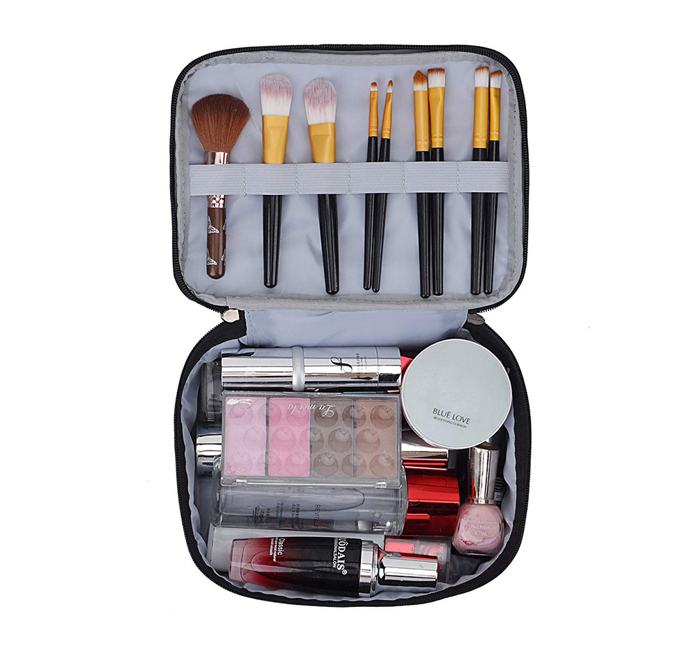 Women PU Leather Travel Cosmetic Bags With Brush Holder