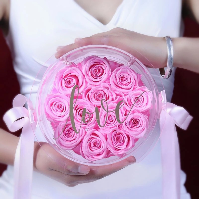 Preserved Rose Flower Eternal Rose in Transparent Round Acrylic Box for Love Valentine's Day Girls Birthday Long Lasting