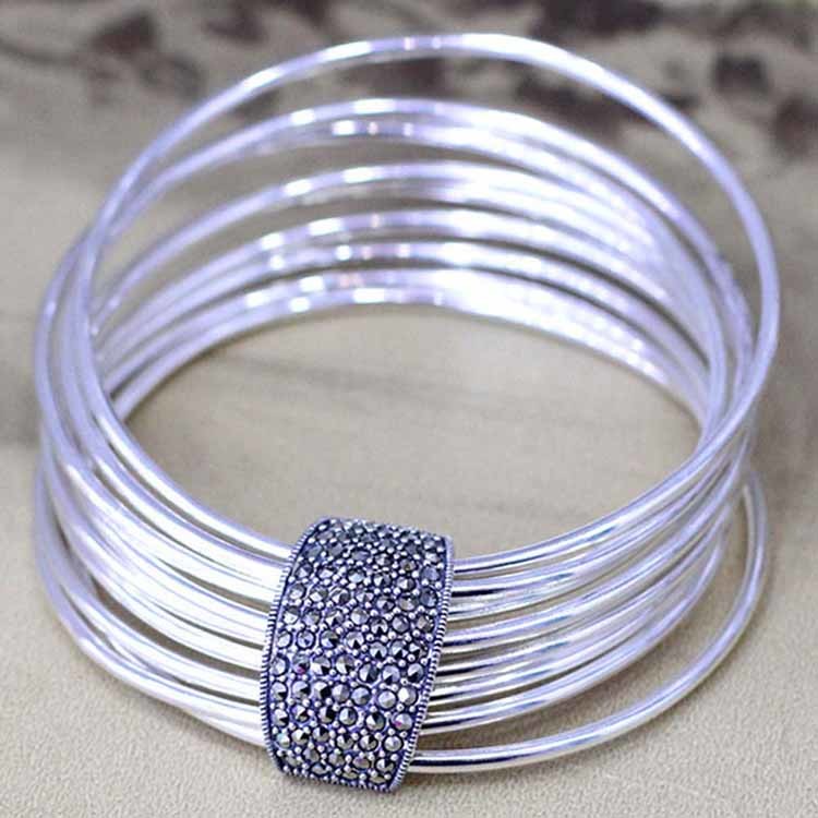 Women Nine Rows 925 Sterling Silver Marcasite Charm Bangle Bracelet(SY50013)