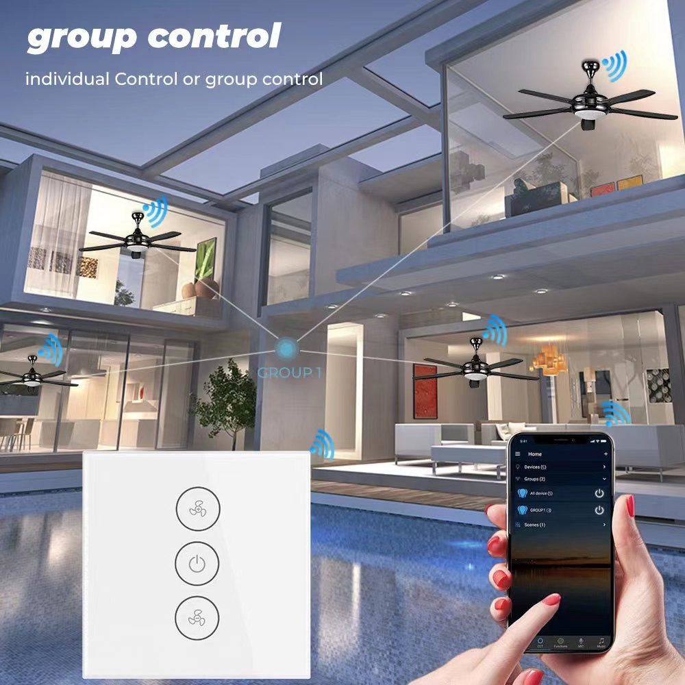 Glomarket Tuya Smart Wifi Fan Switch US Standard Touch Wall Glass Panel