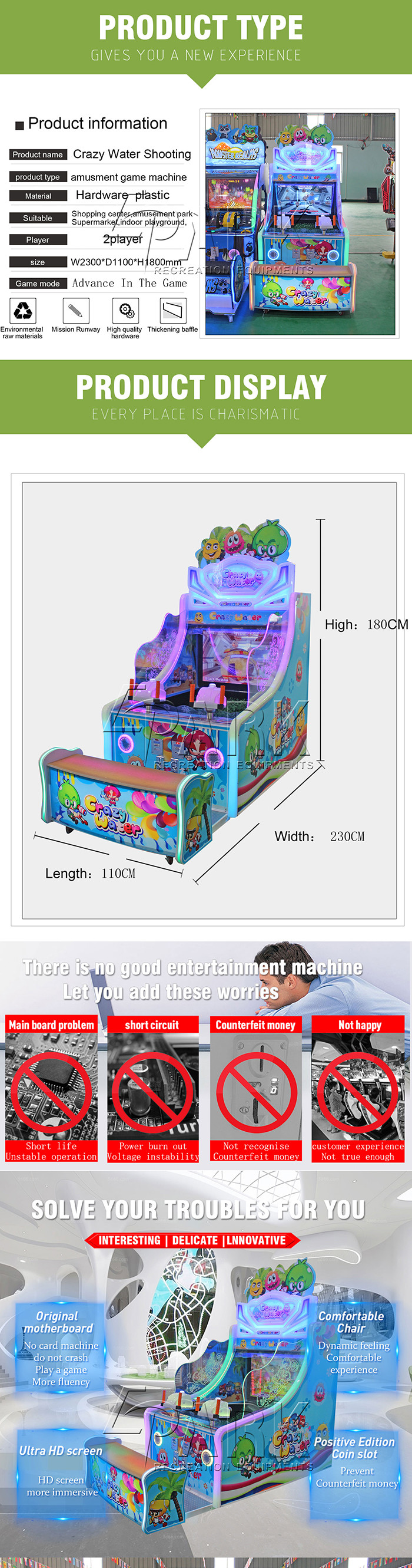 Arcade Amusement Crazy Water I Video Game Machine Coin Operated For Two Player