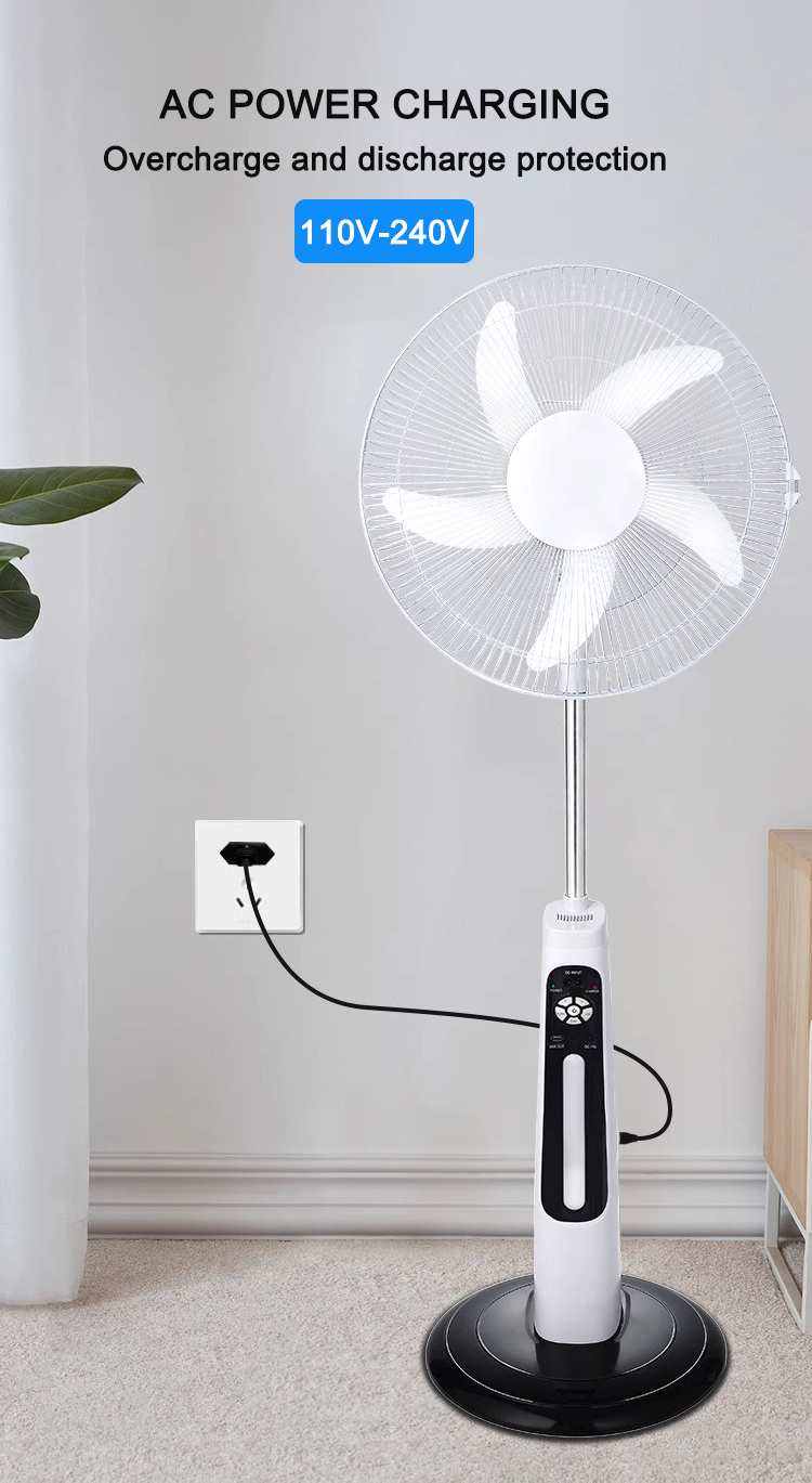 16 Inch Solar AC DC 12V With LED Light 5 Blade Rechargeable Solar Stand Fan with Panel and Battery Solar Stand Floor Fan