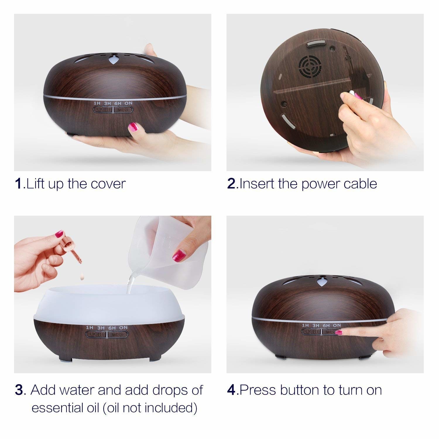 500ml Ultrasonic Cool Mist Wood Grain Aromatherapy Cool Mist Diffuse with Color LED Lights