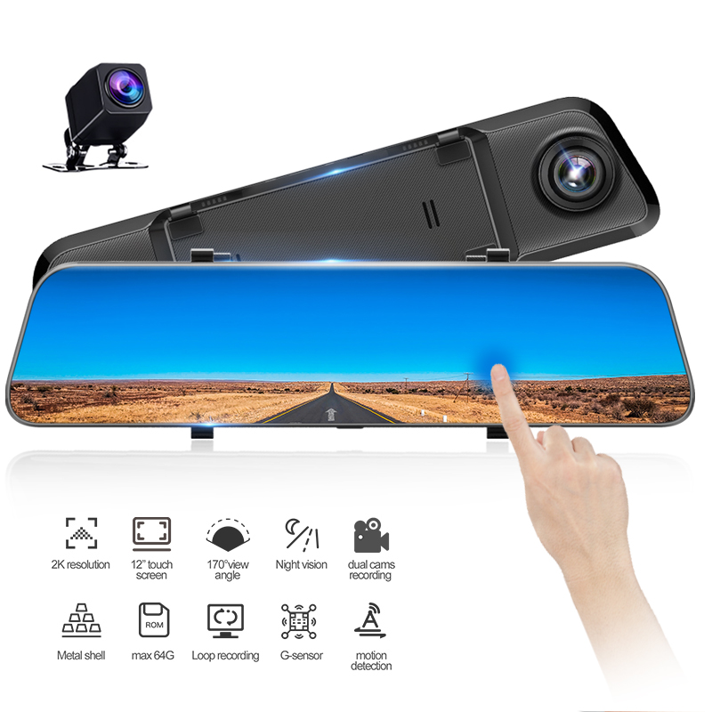 Black 12 Inch 2K 1440P Car DVR Camera Mirror Android HD Rear View