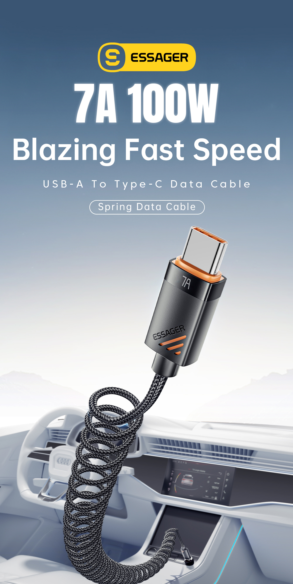 ESSAGER ES-X66 Spring Style Cable 100W 88W 7A USB Type C to USB Cable