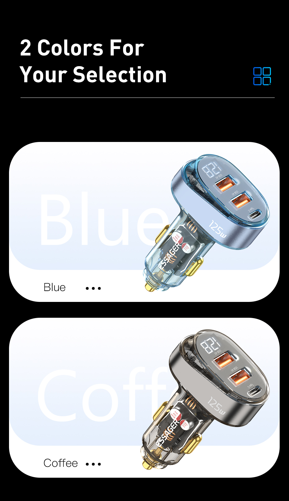 Official Store Digital Display Car Chargers 125W Transparent with 1 Type-C 2 USB-A