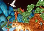 Interactive Landscape Painting Fabric Chinese Lanterns Hand Carved Display For
