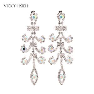 Wholesale VICKY.HSIEH Rhodium Tone Wedding Bridal Crystal AB Rhinestone Peacock Feather Dangle Earrings from china suppliers