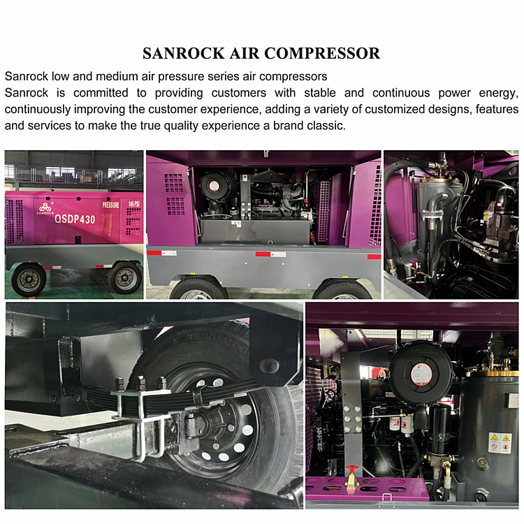 Water Well Drilling and Mining Portable Diesel Screw Air Compressor with 2 Wheels
