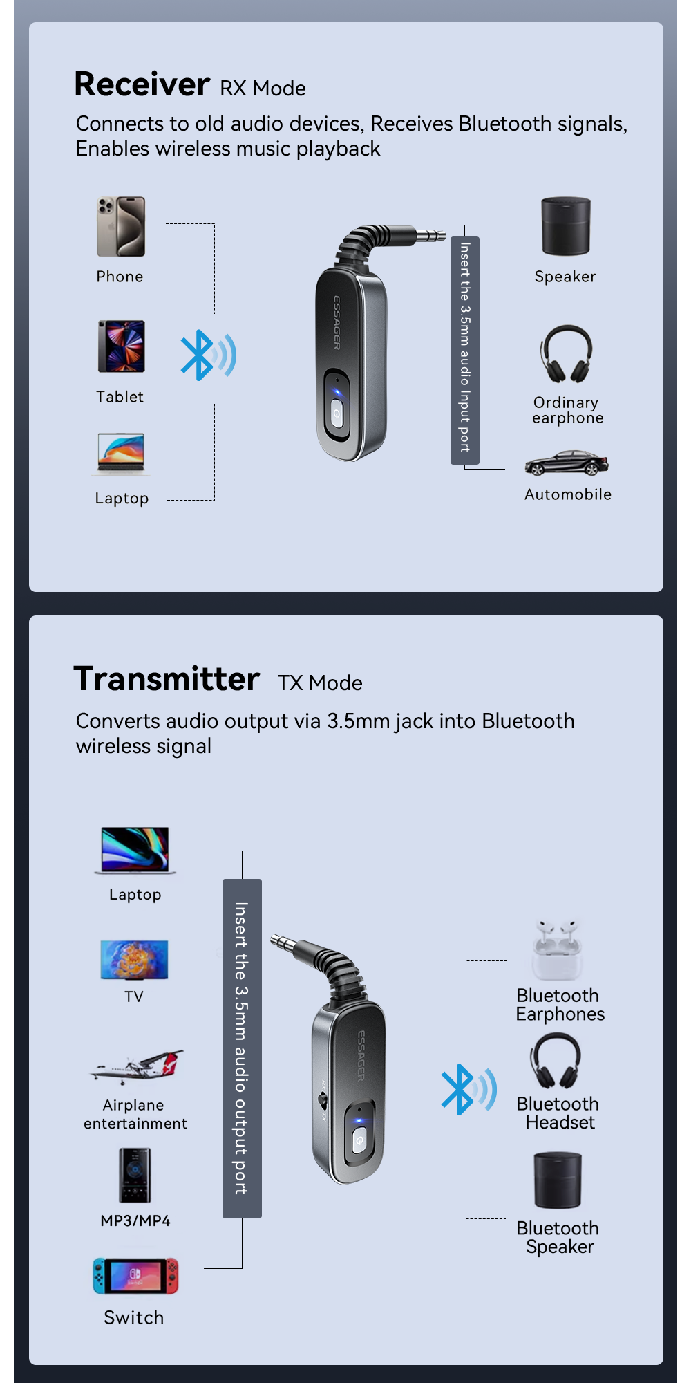 ESSAGER ES-BT10 Built in Battery Jack Aux 3.5mm to Bluetooth Transmitter Receiver