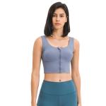 Blue Grey Gathered Women's Sports Bra Front Zip Shockproof Gym Running Fitness