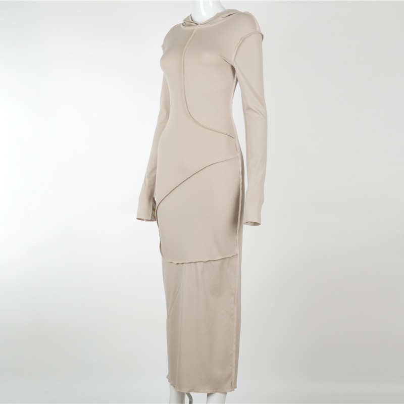 Casual Slim Fit Anti Wear Long Sleeve Hooded Maxi Dress For Fall Winter