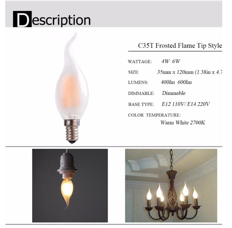E14 C35 Frosted LED Edison Bulb 220V , Decoration 4W Filament LED Candle Bulb