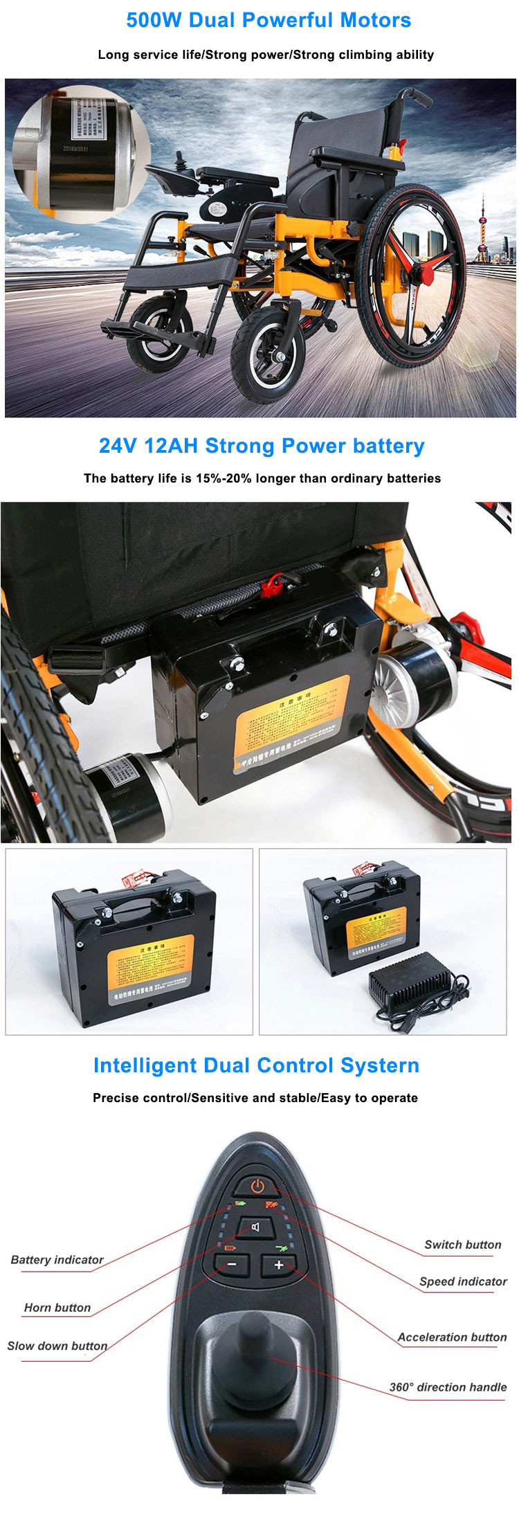 Outdoor Electric Medical Transport Wheelchair 24V 12Ah Battery Folding