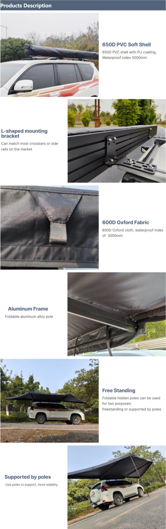 Easy Installation Free Standing 180 Degree Awning Build In LED Light Strip