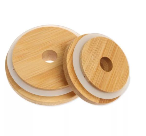 Houseware 70mm/86mm Bamboo Mason Lids with Straw Hole and Silicone Seal Mason