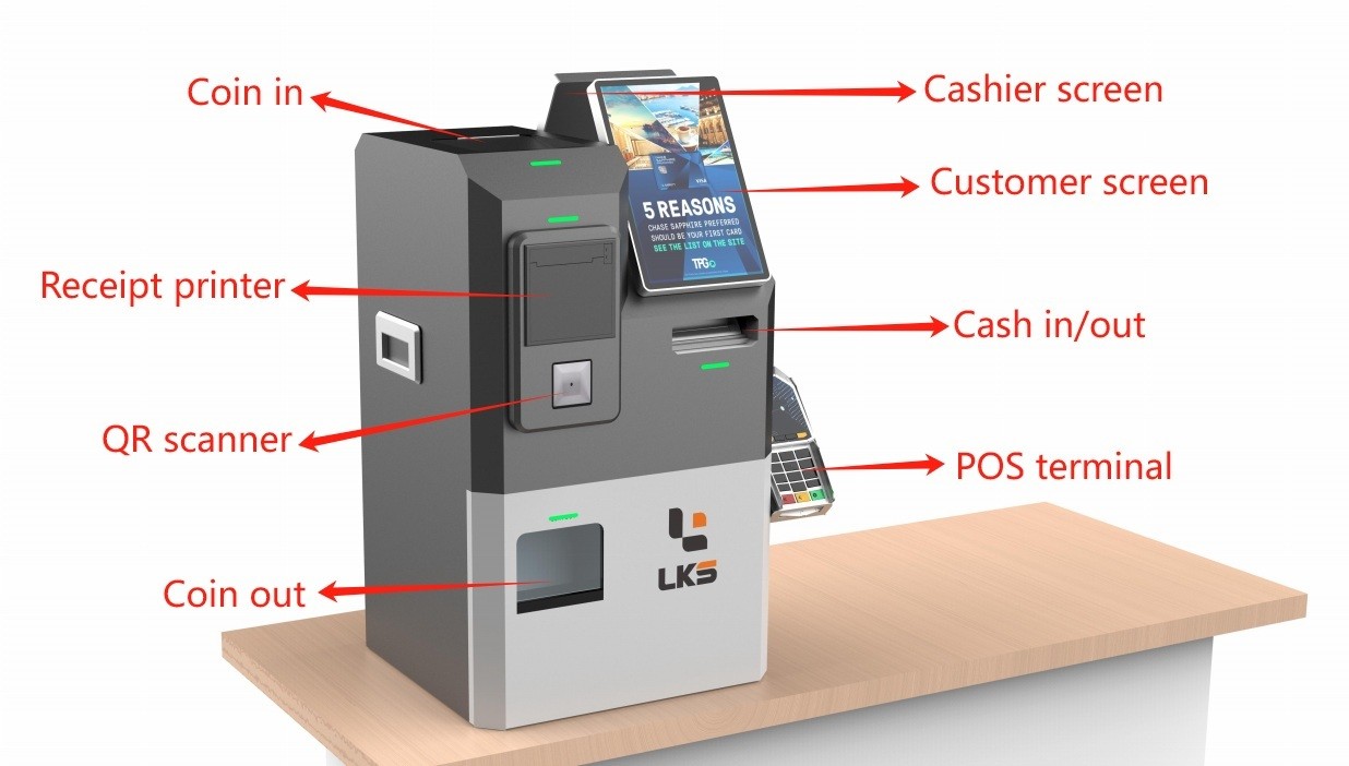 10.1 inch Dual Screen Self Check Out Kiosk Cash Coin Handling Machine
