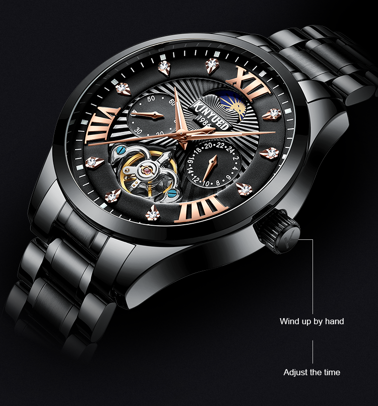 KINYUED High Quality Custom Waterproof Watch Watch Buckle Stainless Steel Automatic Mechanical Watch Men