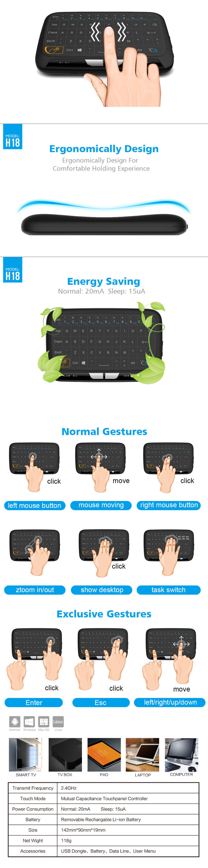 Multimedia Ergonomics Touch Pad Keyboard 2.4Ghz Wireless For Gaming