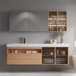 Stereoscopic Mirror Bathroom Vanity Units , Ceramic Wood Basin Cabinet