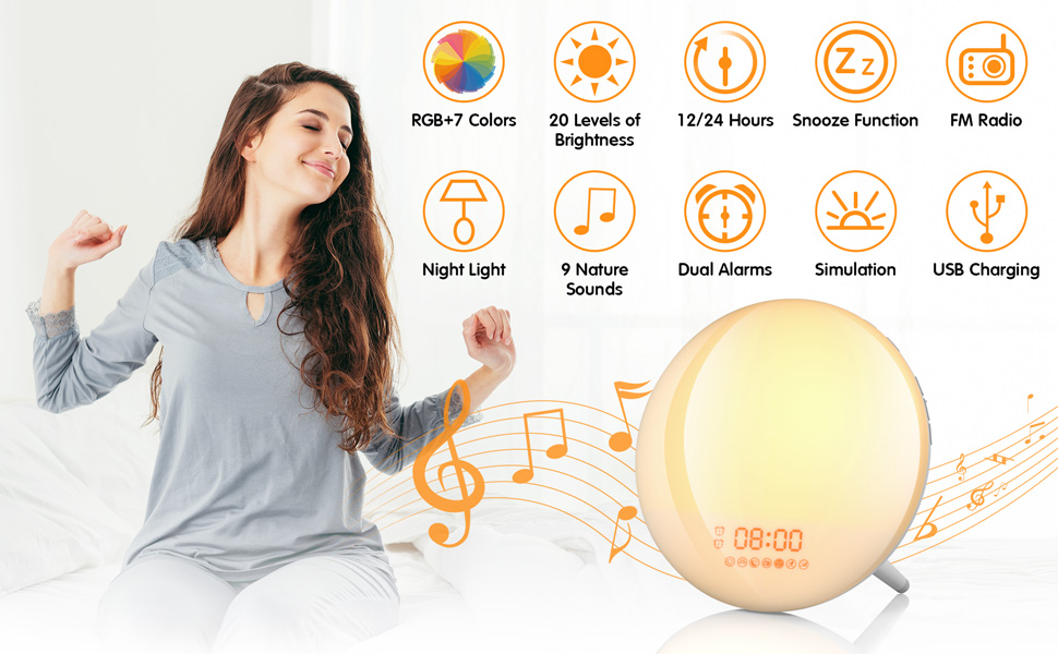 Snooze Colored 30 Levels Wake Up Alarm Clock Light Sunrise Simulation Sunset Fading