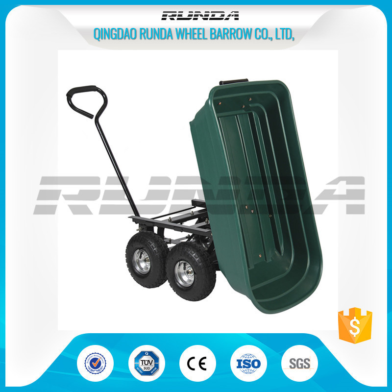 Green Color Garden Dump Wagon Plastic Material Tray Load Capacity 150kg