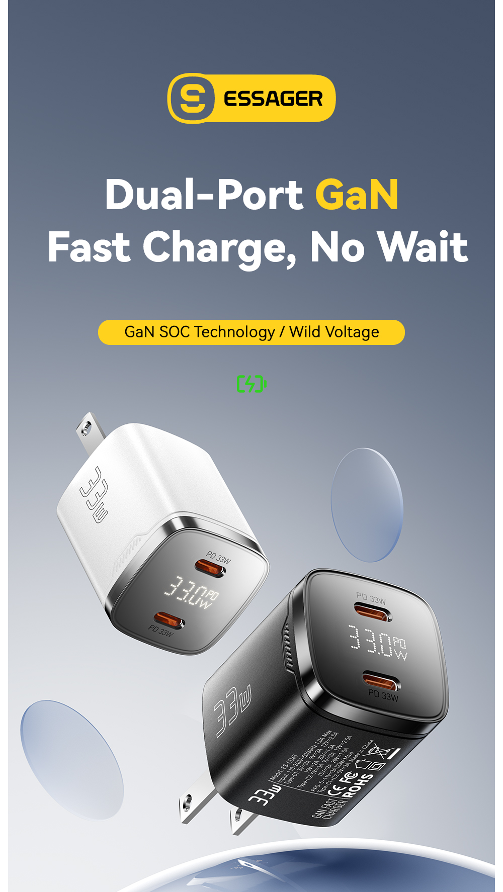 ESSAGER ES-CD45 33W GaN Charger Dual USB C PD Charger