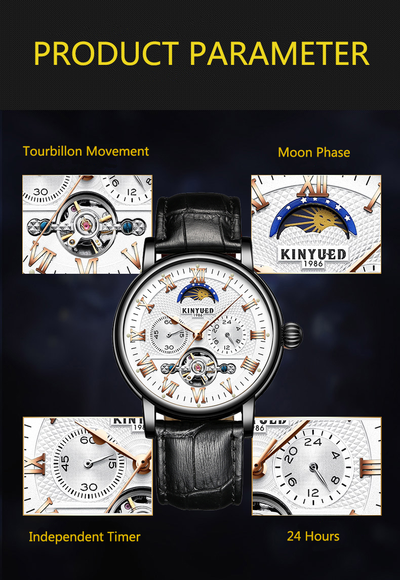 Black Leather Luxury Mechanical Watches White Dial Automatic Movement