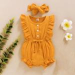 In Stock Summer Baby Girls Romper + Headband Cotton Linen Ruffles Sleeveless