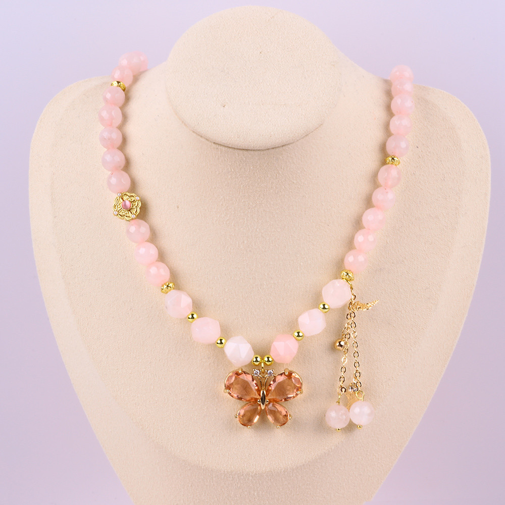 Butterfly Charm Rose Quartz Stone Crystal Sweater Necklace Emotional Healing
