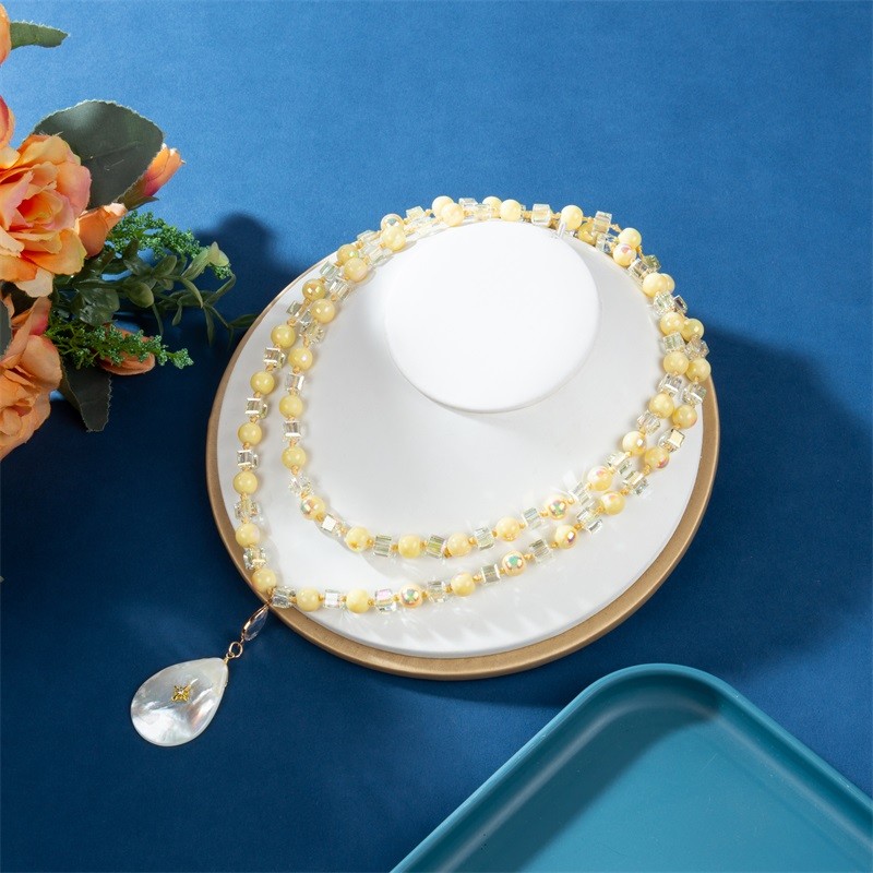 Transparent Square Yellow Round Beads Multi Color Necklace With Shell Charm