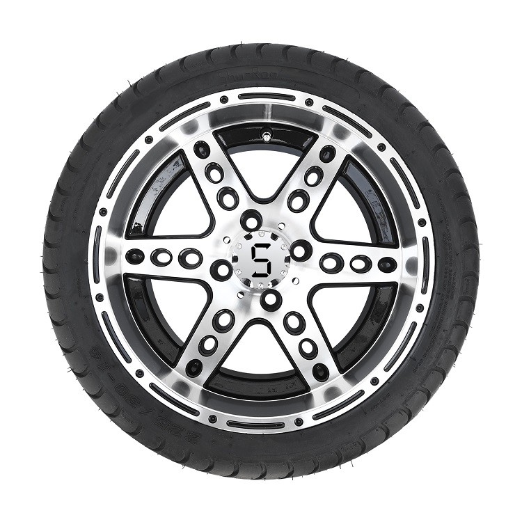 Golf Cart 14'' Machined/Black Aluminum 6 Spokes Rims and 225/30-14 Street Tires Combo