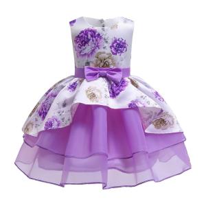 Wholesale Hot Sale Toon Purple Girl Dress Bow Belt Printed Mesh Gown Princess Dress Tutu Dresses Invisible Zipper Disfraces Vestid from china suppliers