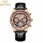 KINYUED genuine leather tourbillon mens automatic watch skeleton mechanical