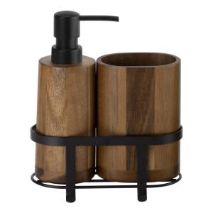 Wholesale Bathroom Accessories Set Wooden Soap Dispenser Black ABS Pump Oval Toothbrush Holder Black Metal Rack Wooden Texture from china suppliers