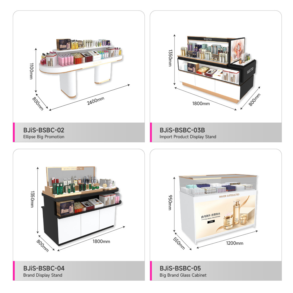 Skincare Display Counter Platinum Wooden Island Cabinet With Led Lights For Space-Saving Shop Display And Luxury Display Furniture