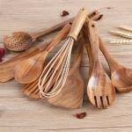 LFGB Wooden Kitchen Utensil Set 9Pcs Spatula Spoon Storage Bucket Cooking