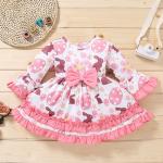 31.5in Pink Long Sleeve Children'S Dress Clothing With Bow On Waist 80CM