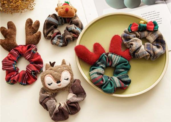 Christmas plaid beaded hair scrunchies women's cartoon lovely animal cloth hoops