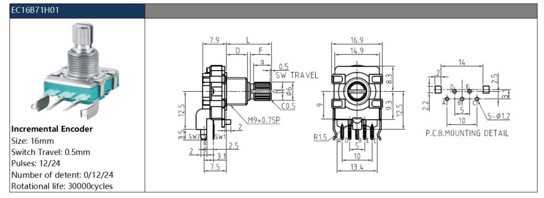Ec16 Insulated Shaft Rotary Encoder 16mm Volume Control Encoder